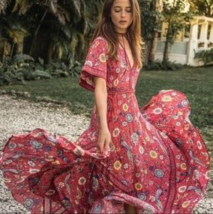 Red Lovebird Print Gown NWOT